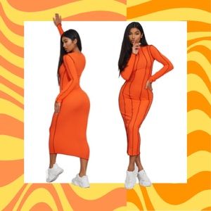 Orange Rib Asymmetric Seam Detail Long Sleeve Midi Dress
